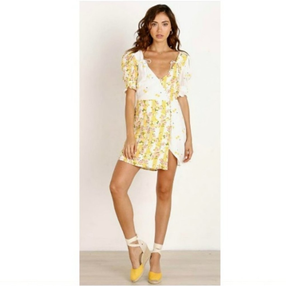 For Love & Lemons Savannah Wrap Mini Dress in Buttercreme Floral Puff Sleeve, S - Picture 5 of 15